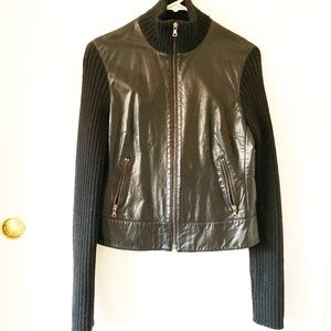 Leather jacket with sweater knit sleeves